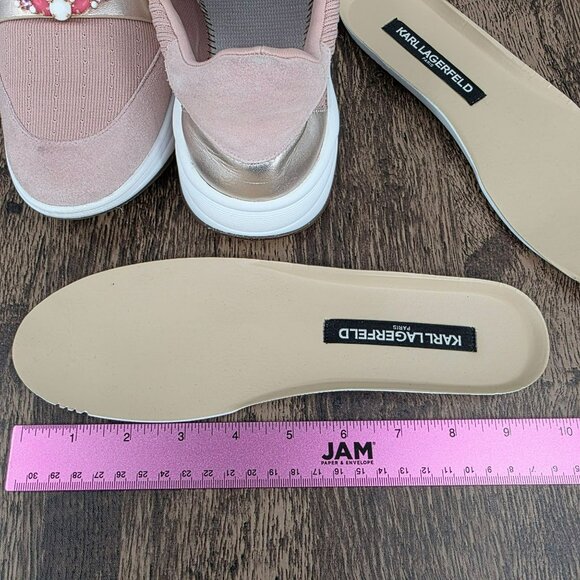 Karl Lagerfeld Charlee Slip On Sneakers 8 Gold Blush Pink Stretch Knit Crystals - Picture 2 of 16
